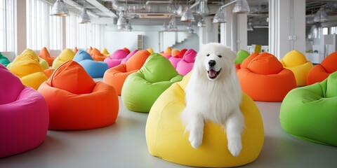 pet-friendly accommodations concept A dog relaxing on colorful bean bags in a bright room.
