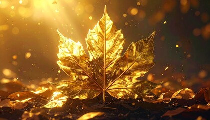 Golden Maple Leaf with Autumn Foliage, and Sunlight.