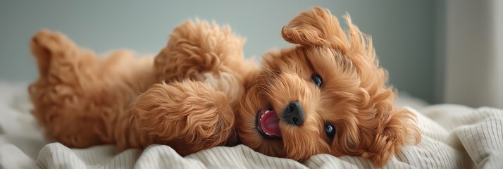 pet-friendly accommodations concept Happy puppy lying on its back, enjoying relaxation time.