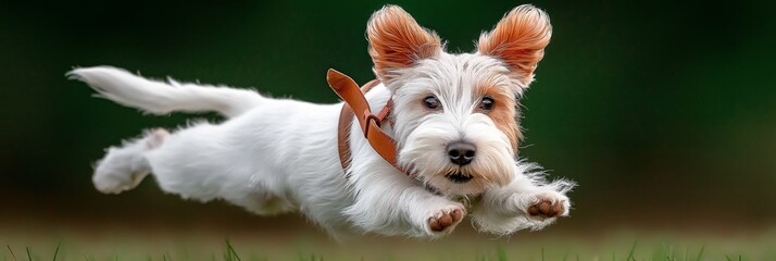 pet-friendly accommodations concept Dog leaping joyfully through a grassy field.