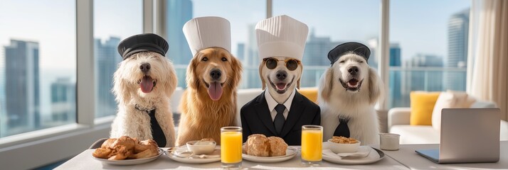 pet-friendly accommodations concept Dogs dressed as chefs at a breakfast table in a luxury setting.
