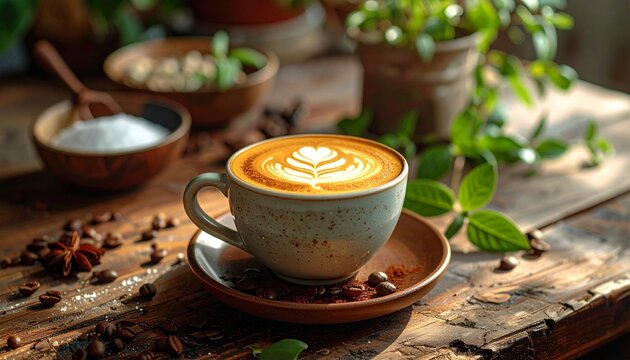 Latte art coffee cup on wooden table.