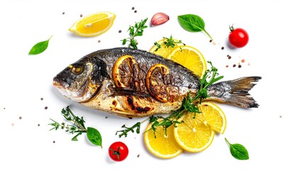 Grilled fish with lemon and herbs.