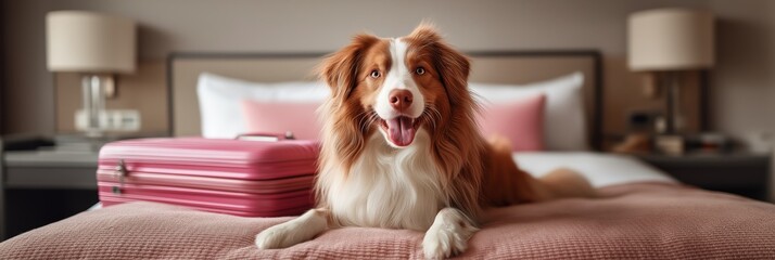 pet-friendly accommodations concept Dog on a bed with luggage in a cozy hotel room.