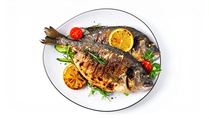 Grilled fish dish with lemon and vegetables.