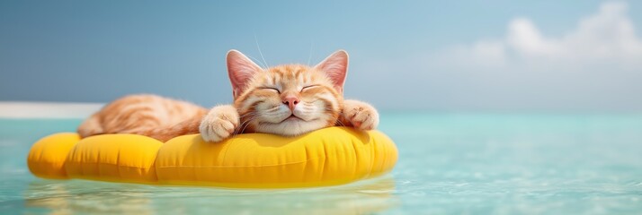 pet-friendly accommodations concept A cat relaxing on a float in turquoise water.