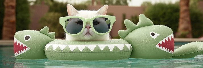 pet-friendly accommodations concept Cat in sunglasses floating on a pool raft.