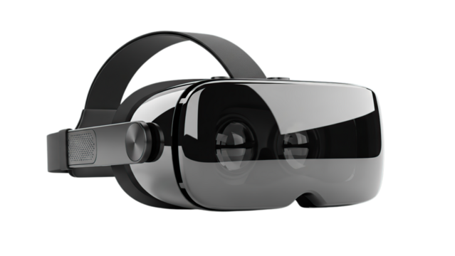 Modern black virtual reality headset for immersive digital experiences and future exploration isolated on transparent background