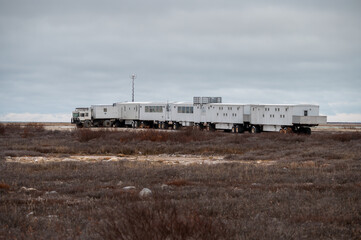 Mobile hotel on the tundra along the coast of Hudson Bay for polar bear tourism.