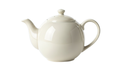 Classic cream ceramic teapot for cozy tea time and hot beverage serving isolated on transparent background