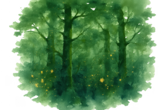 Fantasy forest watercolor painting with glowing fireflies