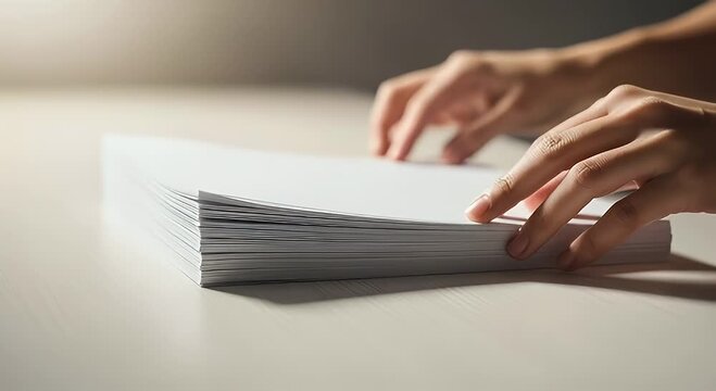 Hands arranging white paper stack on neutral surface