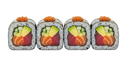 Fresh maki sushi rolls with tuna salmon avocado and cucumber healthy Japanese food isolated on transparent background