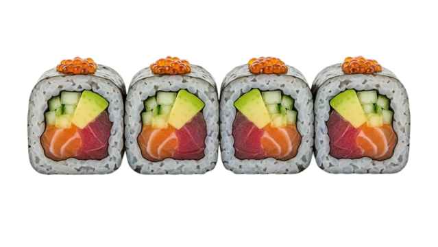 Fresh maki sushi rolls with tuna salmon avocado and cucumber healthy Japanese food isolated on transparent background
