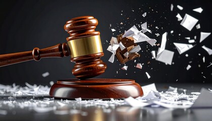 Gavel smashing paper with justice concept.