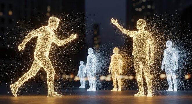 Digital representations of human figures composed of glowing particles interact in a dark urban setting