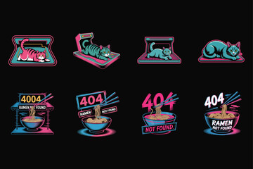 Retro Cats Play Arcade Games And Error Ramen Bowls vector illustration