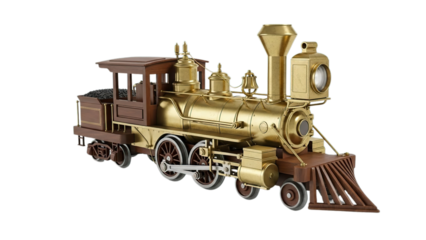 Elegant golden brass antique steam train locomotive model for classic historical travel isolated on transparent background
