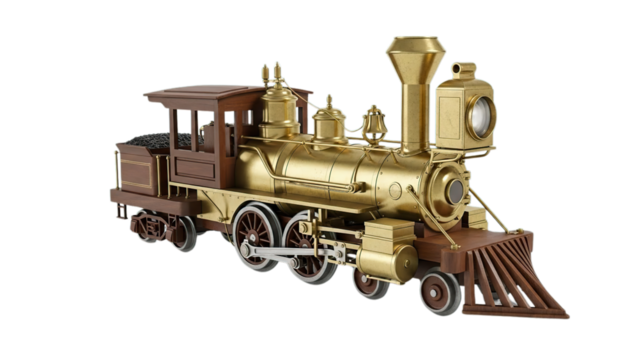 Elegant golden brass antique steam train locomotive model for classic historical travel isolated on transparent background