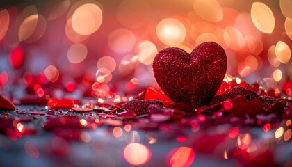 Glitter heart on scattered red confetti.