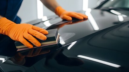 Professional car detailing service workers hands in orange gloves polishing a black car hood with a specialized sponge.