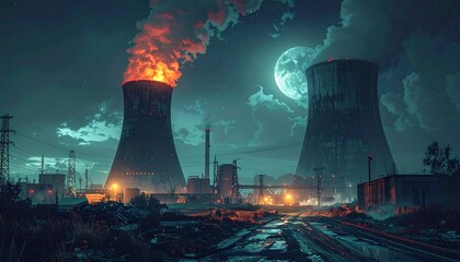 Industrial power plant under moonlit sky.