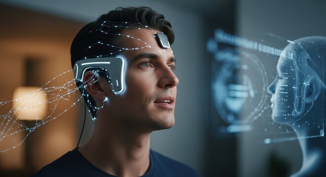 Man interacts with advanced neural interface device displaying holographic biometric data - Powered by Adobe