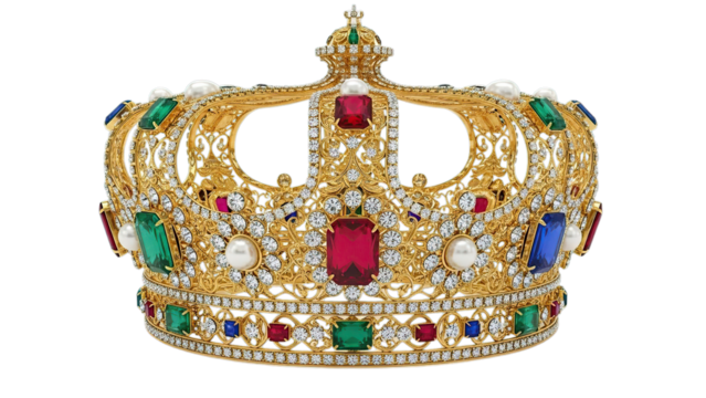Exquisite golden royal crown adorned with sparkling jewels symbolizing power wealth and majesty isolated on transparent background