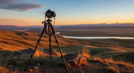 Digital camera mounted on a tripod captures a scenic landscape during sunset