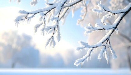 Frosted tree branches under a soft winter sky with bright light