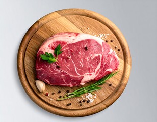 Overhead shot of raw steak with garnishes on wooden cutting board