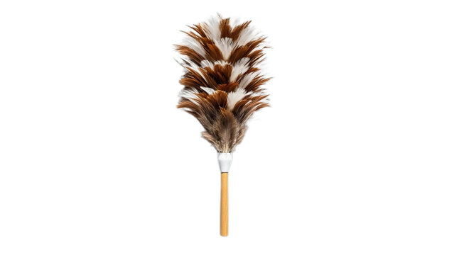 Traditional feather duster with wood handle for dusting household surfaces isolated on transparent background ideal cleaning tool