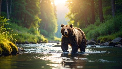 Grizzly bear wading in a shallow river.