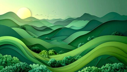 Lush green layered hills landscape artwork.