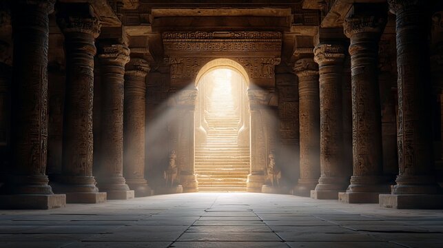 An interior shot of an ancient temple with stone columns, a staircase, and sunlight streaming through an archway.