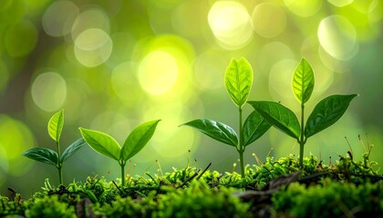 Growing plant in forest with green background.