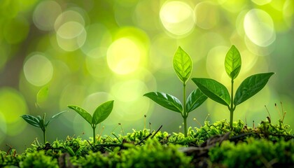 Growing plant sprouts on mossy ground.