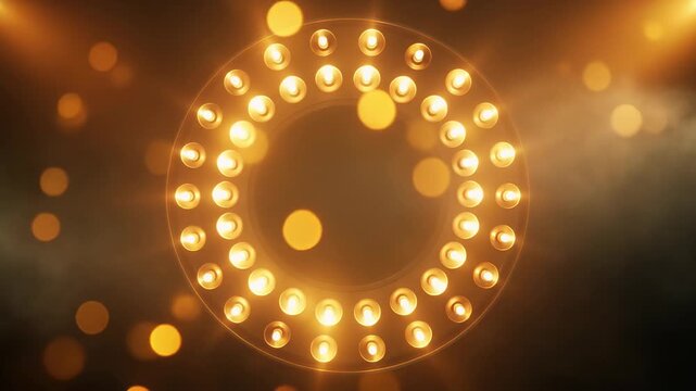 Circular marquee of bright golden bulbs glowing on a smoky stage for a glamorous showbiz presentation