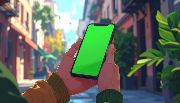 Holding phone with green screen outdoors.