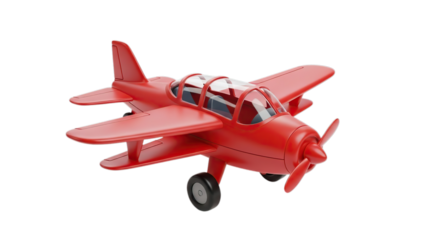 Vibrant red toy airplane symbolizing childhood fun and travel dreams isolated on transparent background
