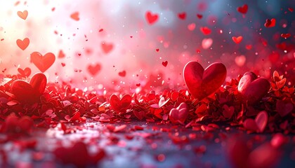 Hearts falling with romantic Valentines Day.