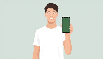 Man shows phone with green screen, and white shirt.