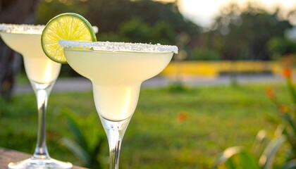 Margarita cocktails on sunny outdoor background.