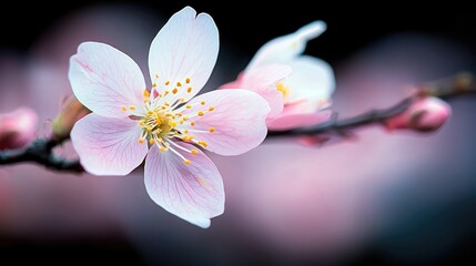 Close-up of a delicate cherry blossom in full bloom, with soft pink petals and yellow stamens, set against a blurred background.