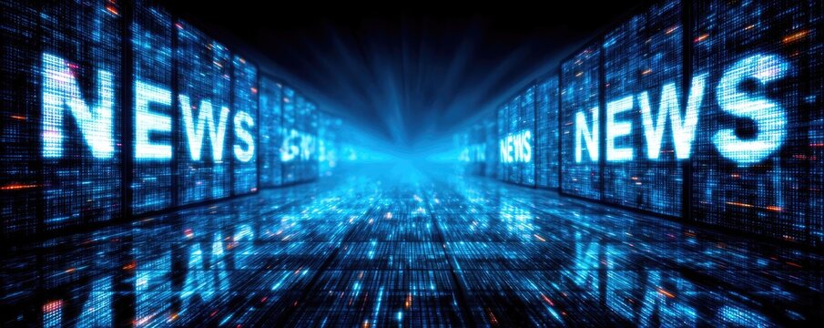 Ai powered personalized news engine concept. Abstract digital news background with glowing text elements.