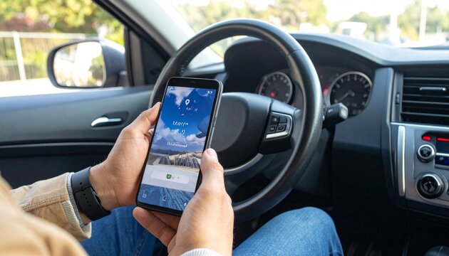 Man using phone in car with navigation app.