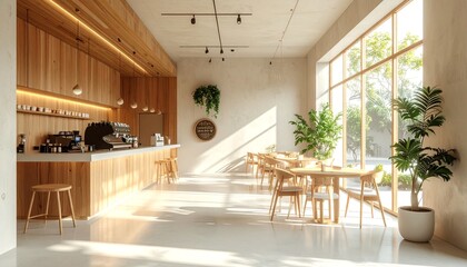 Modern cafe interior with wood and bright light.