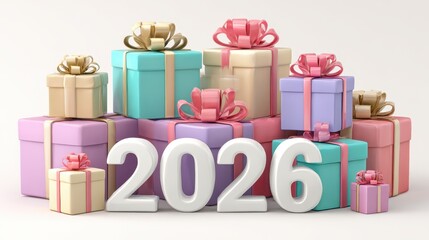 Fototapeta premium 2026 Celebration Gift Boxes and Festive Decorations for the New Year