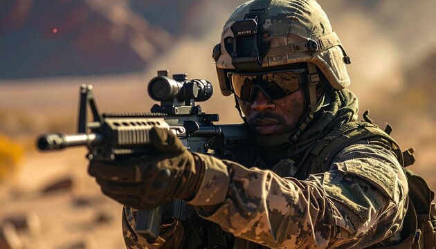 Soldier aiming rifle in arid environment, focus on target