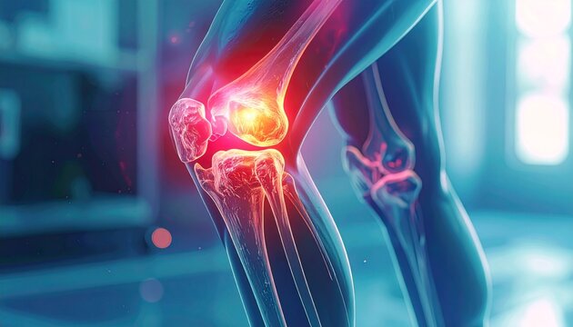 Human knee joint pain with medical illustration.